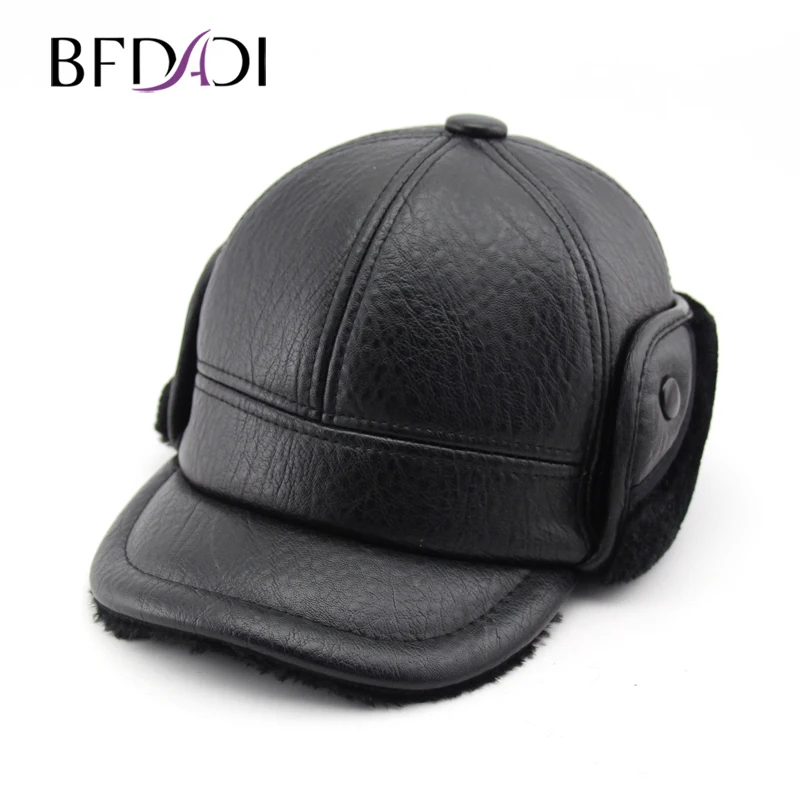 BFDADI 2021 Faux Leather Hat For Men Winter Warm Bomber Hats Hooded Ski Cap Dad Round Top Caps Szie 61cm | Аксессуары для одежды