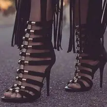 Лидер продаж; черные сандалии-гладиаторы на высоком каблуке; женские Босоножки с открытым носком и ремешком на щиколотке; летние ботильоны с металлическими вырезами