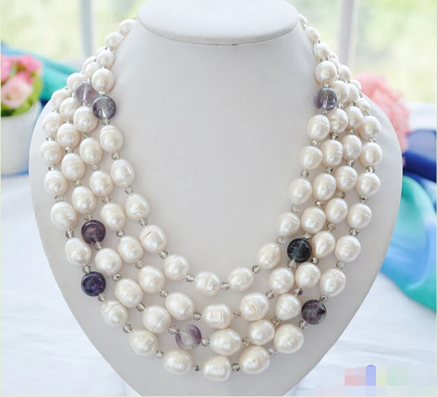 

P4404 4row 21" 15mm white rice freshwater pearl crystal tower necklace ^^^@^Noble style Natural Fine jewe FREE SHIPPING
