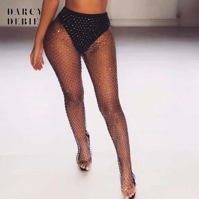 Online Darcydebe diamantes negros pantalones de red Sexy para mujer Pantalones de fiesta de Club de playa transparente con diamantes de imitación de cristal