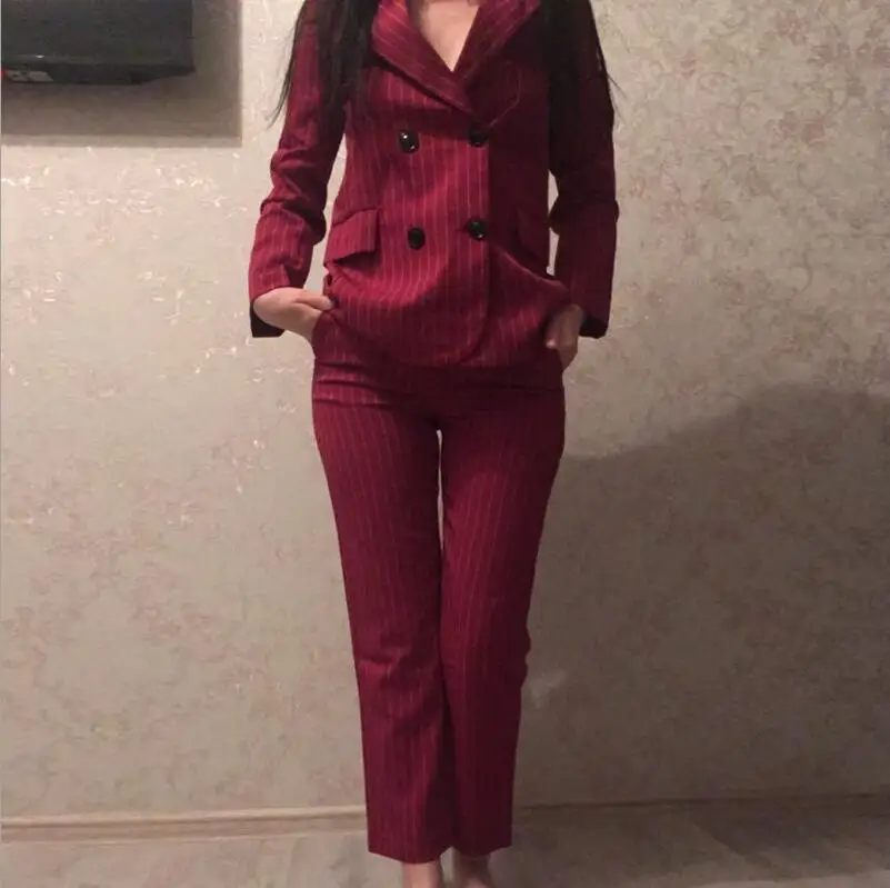 Work Pant Suits OL 2 Piece Sets Double Breasted Striped Blazer Jacket& Zipper Trousers Suit For Women Set Feminino Spring - Цвет: red