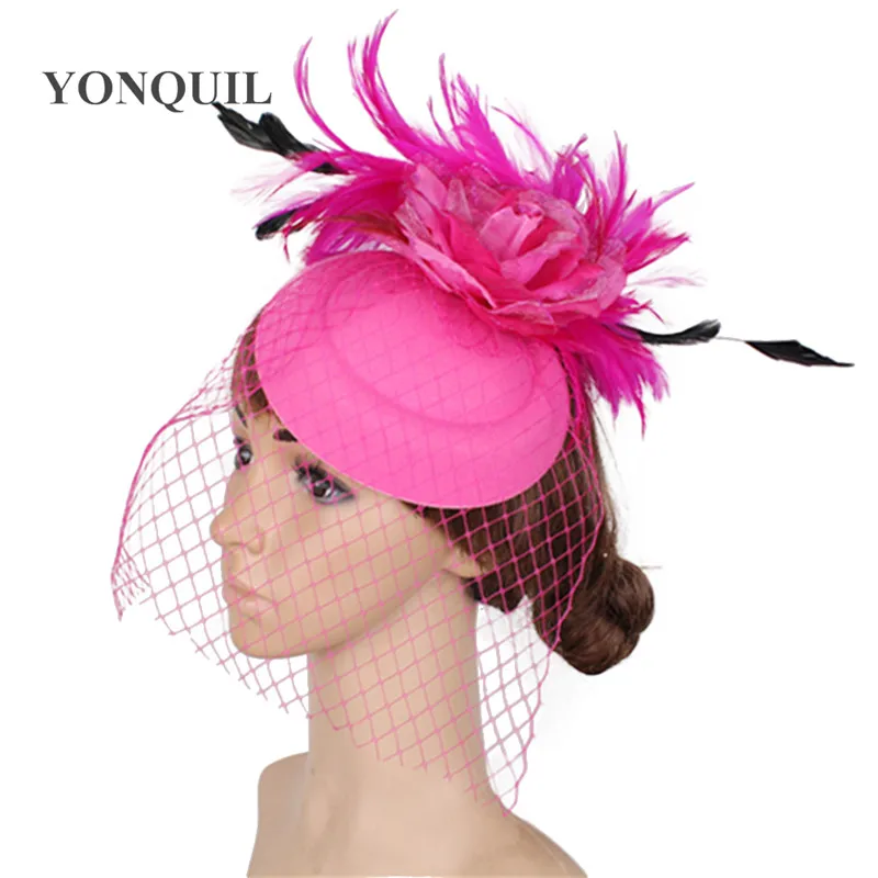 

Elegant red veils hair fascinators for weddings women felt wool fedora hat with hot pink flower church headpieces Retail SYF286