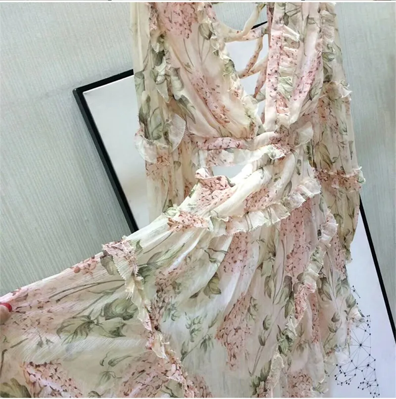 Spring Summer Sexy Chiffon Dress 2019 Long Sleeve Ruffle Red Backless Hollow Out Mini Dress For Women (3)