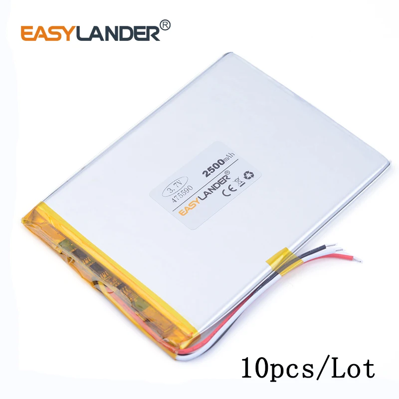 

10pcs /Lot 3-wire 475590 2500mAh 3.7v lithium Li ion polymer rechargeable battery For DVR MP5 Speaker E-book tablet pc psp PAD