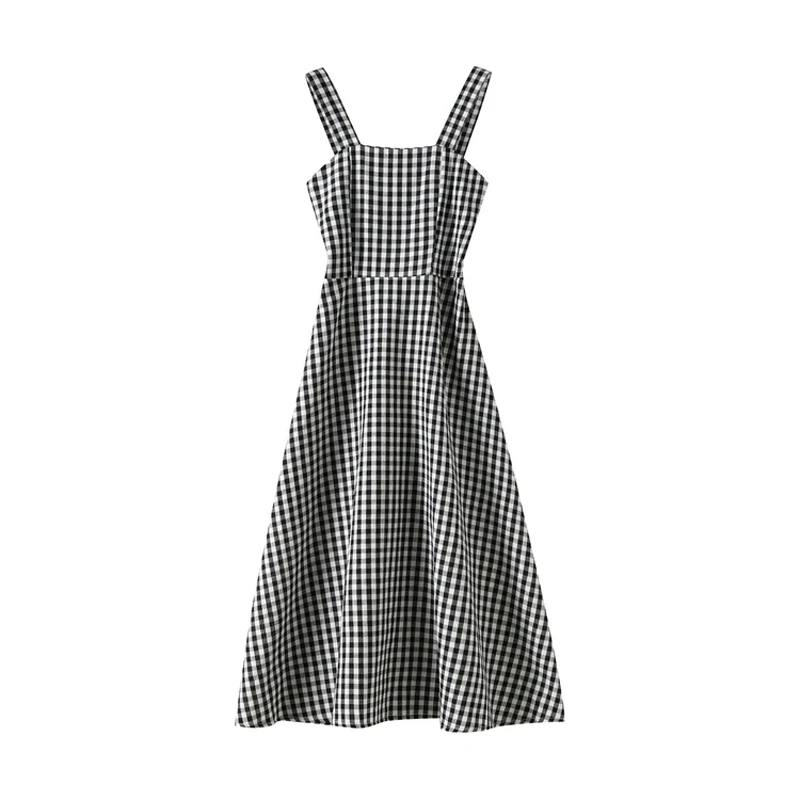 

PERHAPS U black and white plaid strap sleeveless fit and flare mid-calf midi dress summer vintage women retro D0362
