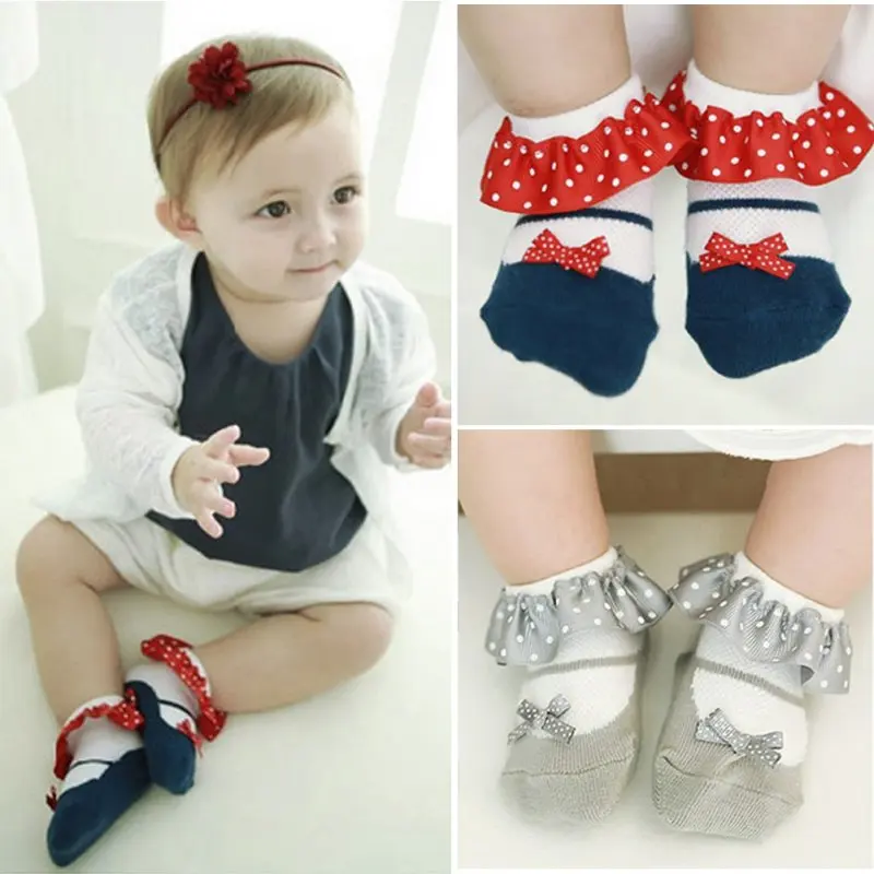 Милые носки для малышей; тапочки для девочек; кружевные мягкие хлопковые короткие носки принцессы в горошек