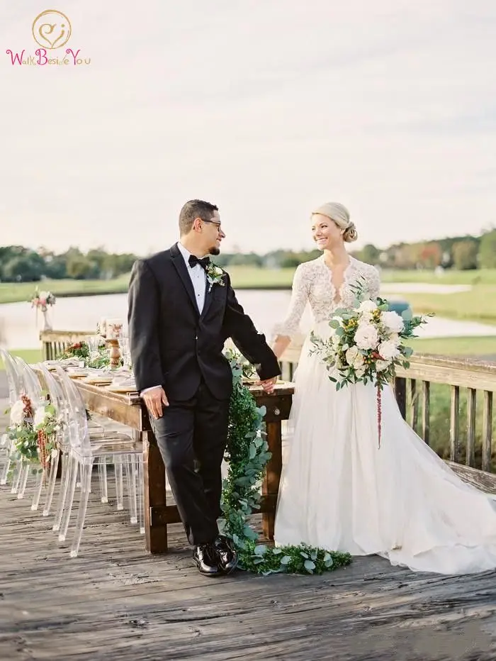 

White/Ivory Lace Tulle Wedding Dress Customized Court Train A Line V Neck Robe Femme Long Simple Formal Hollow Back Bridal Gown