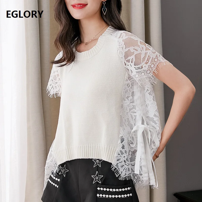 

Top Quality New 2019 Spring Summer Fashion Pullovers Sweater Women Sexy Sheer Lace Patchwork Short Sleeve Knitted Jumpers White