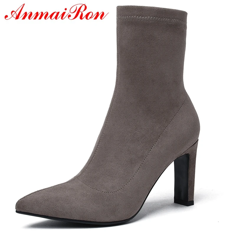 

AnmaiRon New Arrival Basic Pointed Toe High Heel Boots Ankle Boots for Women Booties 2018 Woman Size 34-39 LY191