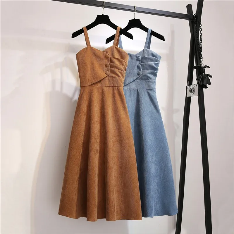 

2019 Women Retro Corduroy Dress Summer Suspender Sundress Sarafan Slim Vest Overall Dress Female Strap Casual Dresses R285