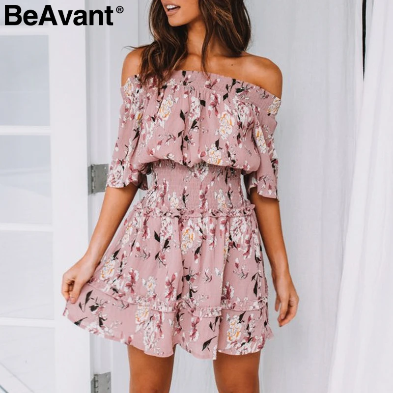 

BeAvant Off shoulder summer boho dresses casual Women high waist floral print short dress Smocking pleated beach dresses ladies