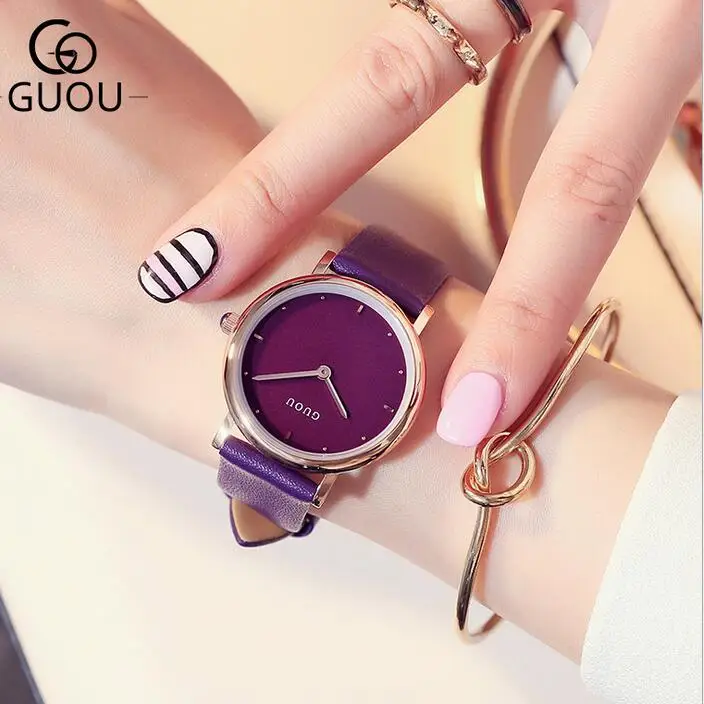 GUOU часы брендовые модные наручные женские часы розовое золото женские часы кожаные часы bayan saat montre femme relogio - Цвет: Purple