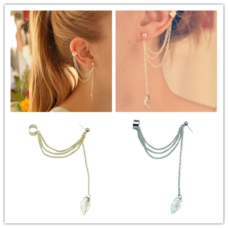 

1pcs Metal Ear Clip Leaf Tassel Earrings for Women Ear Cuff Jewelry Gold Silver Color Vintage Clip Earring Brincos Bijoux Gift