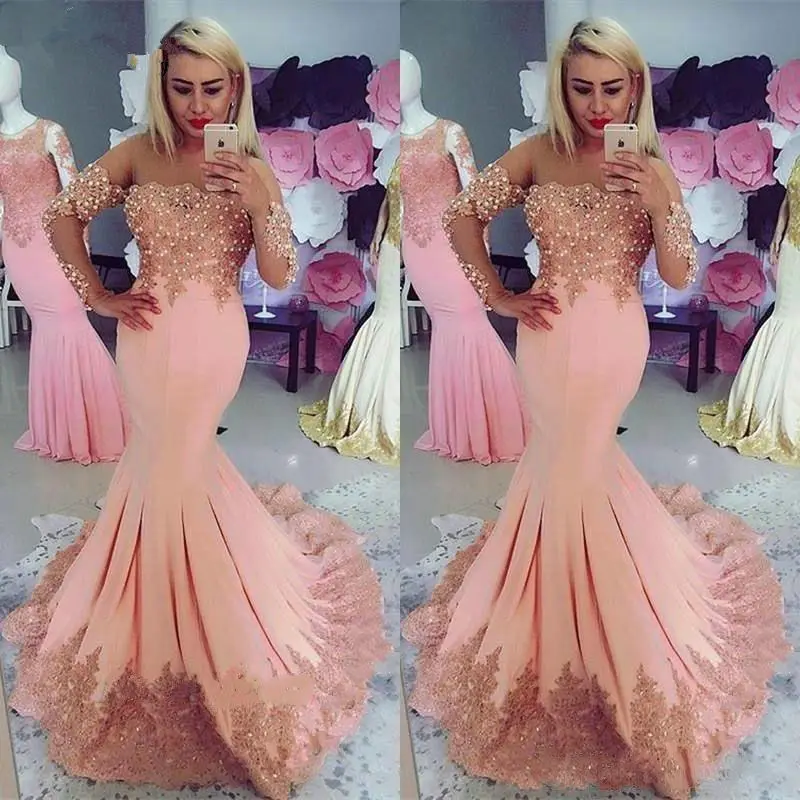 

Elegant Peach Mermaid Prom Dresses with Long Sleeves Lace Appliques Beading See Through Neck Women Formal Wear Evening Dress