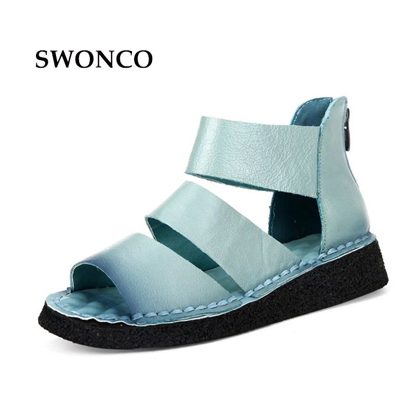 40 Plus Size Design Ankle High Summer Sandals Shoes Woman 2017 New Genuine Leather Wedge Low Heel Female Shoes Roman Style