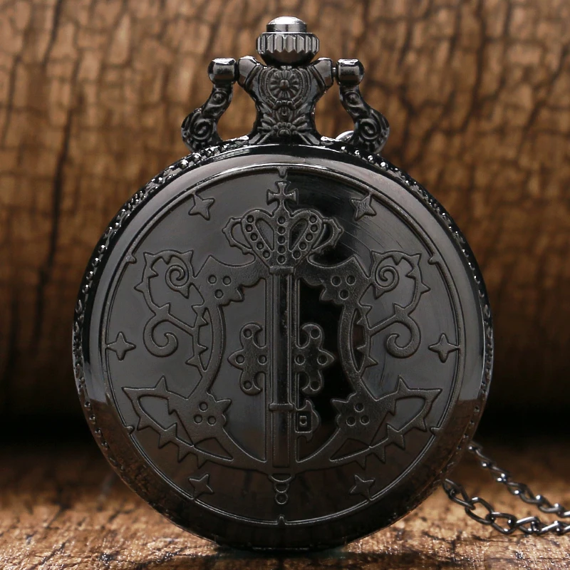 Антиквариатные карманные часы Kuroshitsuji Темный Дворецкий Себастьян Черный Кварцевые кулоны с резиновыми полосками продается ювелирных Цепочки и ожерелья цепи для Пижама для женщин, мужчин, подарки