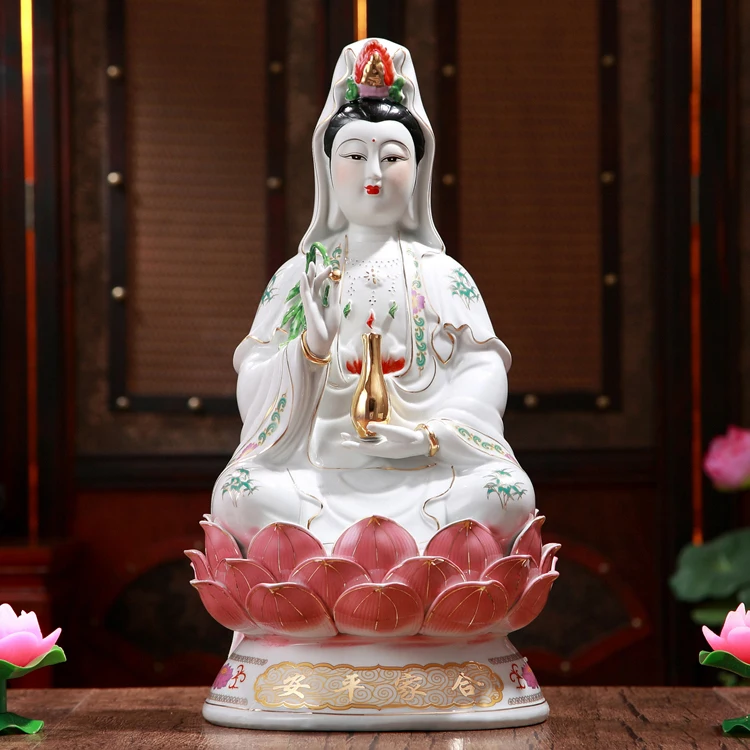 Ceramic Quan Yin Buddha Sitting on a Lotus Statue, Guanyin, Kwan Yin