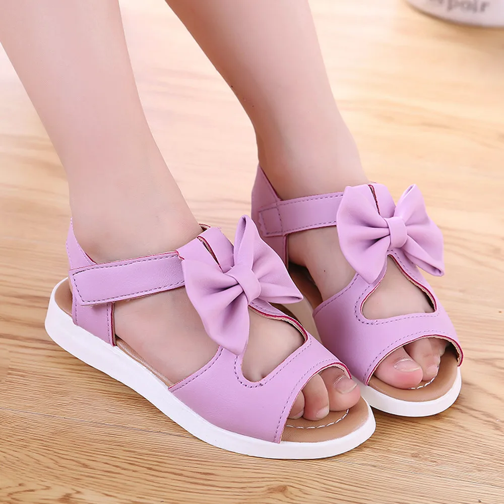 Летняя обувь для девочек детские сандалии с украшением-бантом, обувь на плоской подошве в стиле принцессы сандалии для девочек розового и фиолетового цветов белый