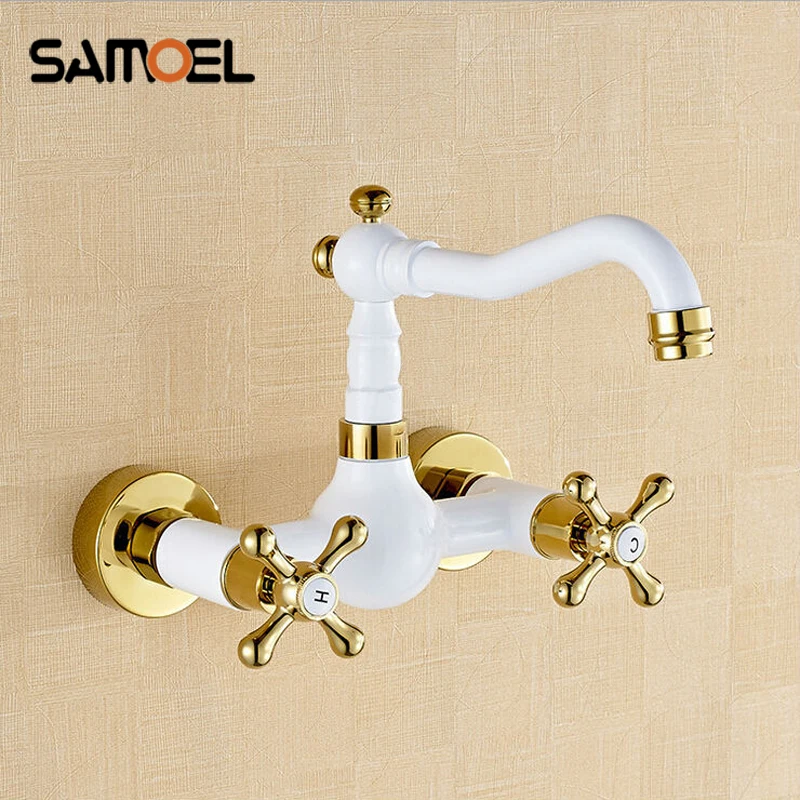 Grilled White Paint with Golden Plated hot and cold water tap Bathroom copper faucet wall mounte Dual Holder mixer taps W3012