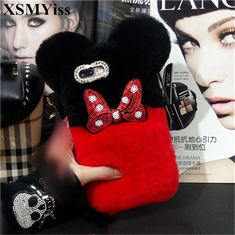 XSMYiss Luxury Bowknot Fluffy Rabbit Fur Warm For Samsung S10 S9 S8 Plus S7 S6 edge Note9 Note8 Note5 Phone Case |