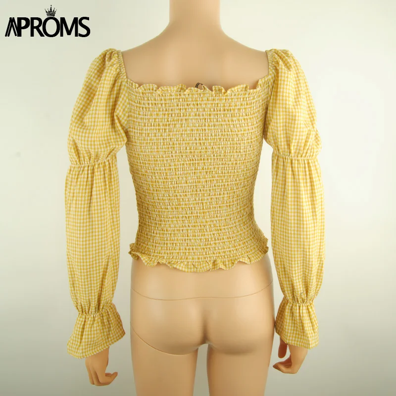 Aproms/винтажная Укороченная блуза с квадратным вырезом и длинными рукавами, женская летняя эластичная Укороченная блуза, уличная желтая рубашка, Blusas