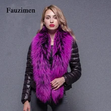 Высокое качество большой енот меховой воротник пушистый меховой пуховик для женщин