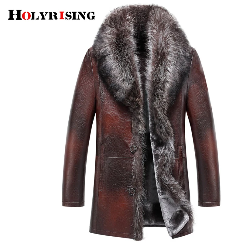 

Holyrising Men Chaqueta Cuero Hombre Warm Faux Leather Coat Real Fur Collar Pu Leather Soft Men Clothes Brown Jacket 18676-5