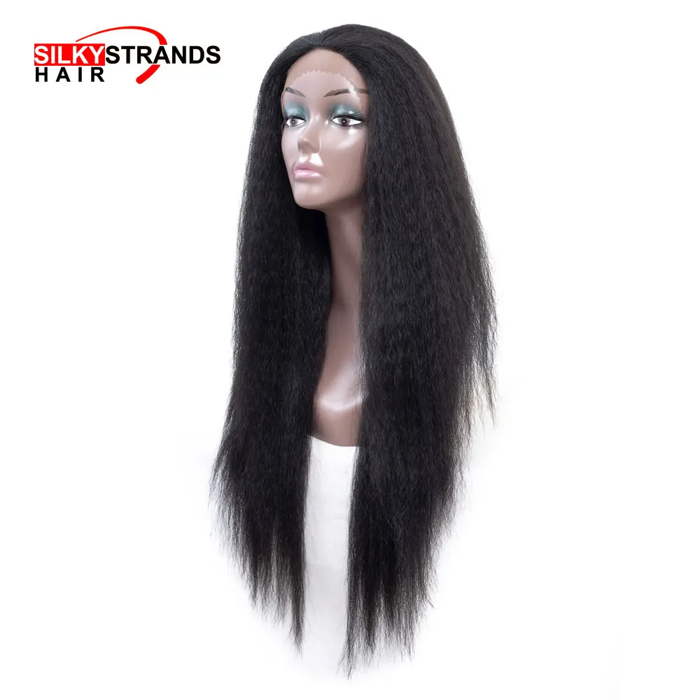 Длинные Яки прямые передние кружева парик Синтетические шелковистые нити Афро-американский натуральный женский парик