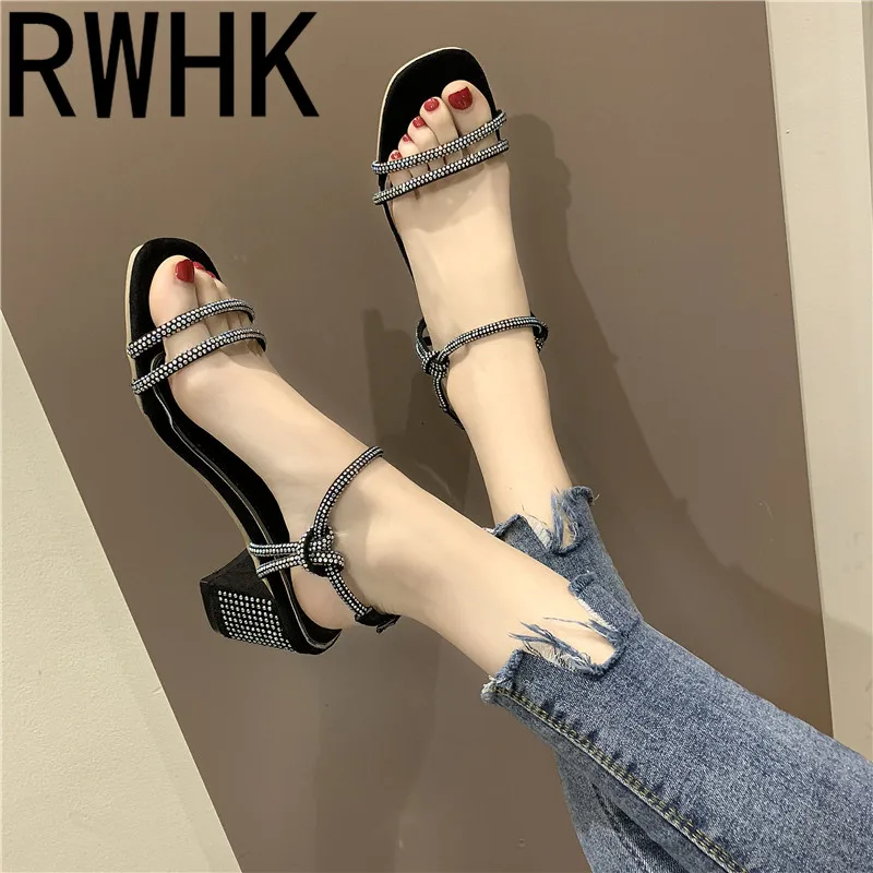 

RWHK Sandals female 2019 new summer Europe and America wild fairy female high heel rhinestone beach sandals B124
