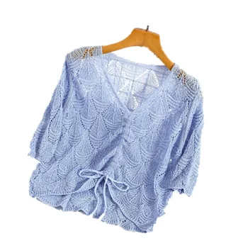 

New Spring Summer Bright Silk Women Sweater V Neck Hollow-out Pullovers Drawstring Half Sleeve Crop Top Knit Lurex Jumper Female