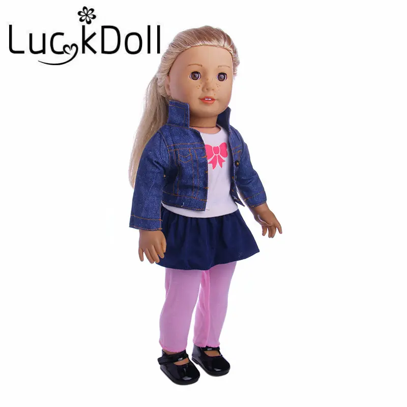 

LUCKDOLL Denim LongSleeved Jacket+T-Shirt+Dress Blue Skirt+Pants Fit 18 Inch American43CM BabyDoll Clothes Accessories,Girl Gift