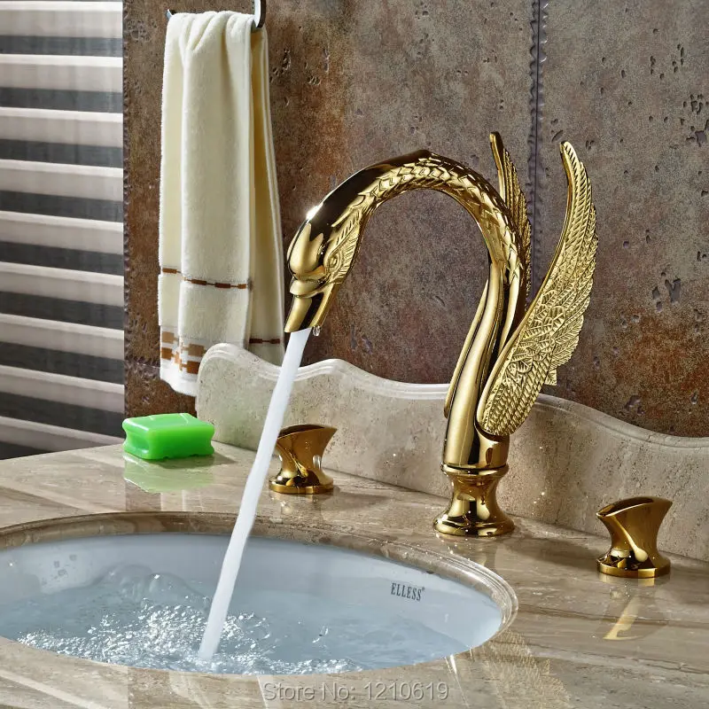 

Uythner Newly Gold Plate Bathroom 3Pcs Basin Faucet Deck Mount Luxury Swan Style Sink Mixer Tap Cold&Hot Water Faucet
