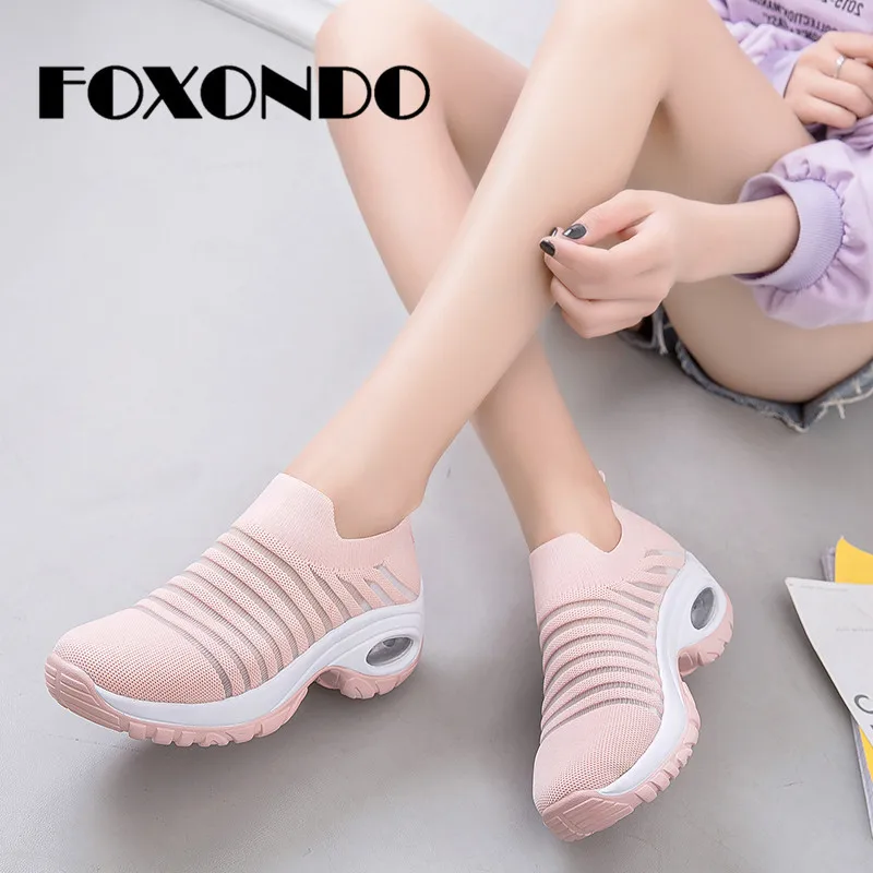

FOXONDO 2019 Spring Sneakers Shoes Women Flat Slip-on Platform Sneakers For Women Black Breathable Mesh Sock Heel Ladies Shoes