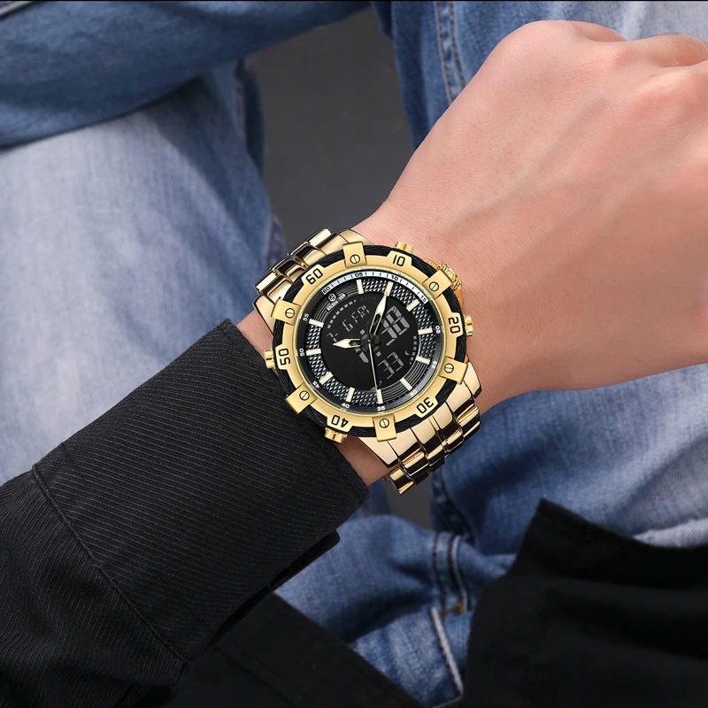 GOLDENHOUR Männer Uhr Dual Display Quarz Armbanduhren Edelstahl Wasserdicht Sport_voghion.com