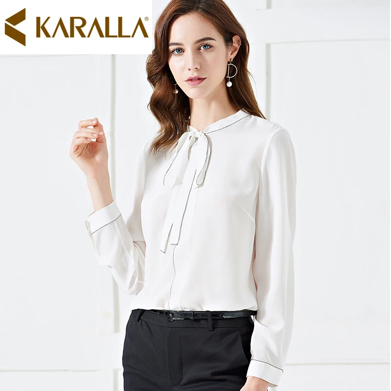 

Pure White Silk Blouse Women 2019 New Spring Boutique Ribbon Mulberry Silk Blouse Long Sleeves Shirt C1009
