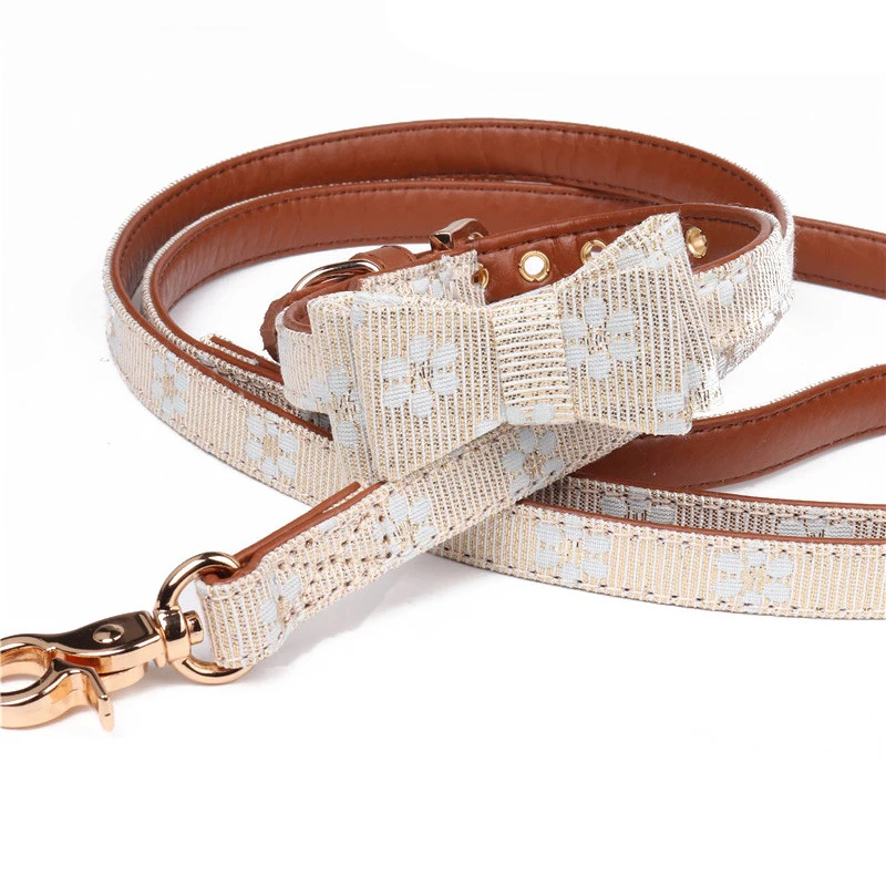 ##BUY Fashion PU Leather Dog Leash Dogs Collar Pet Collars Floral Bowknot Necktie Puppy German Shepherd Perro Pitbull Pets Supplies