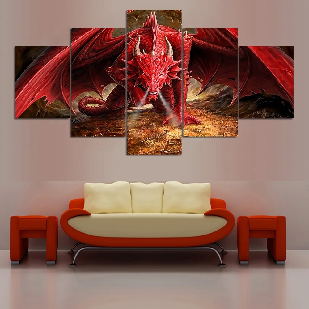 5 Piece Red Dragon Poster HD Printed Game Landscape Wall Art Canvas