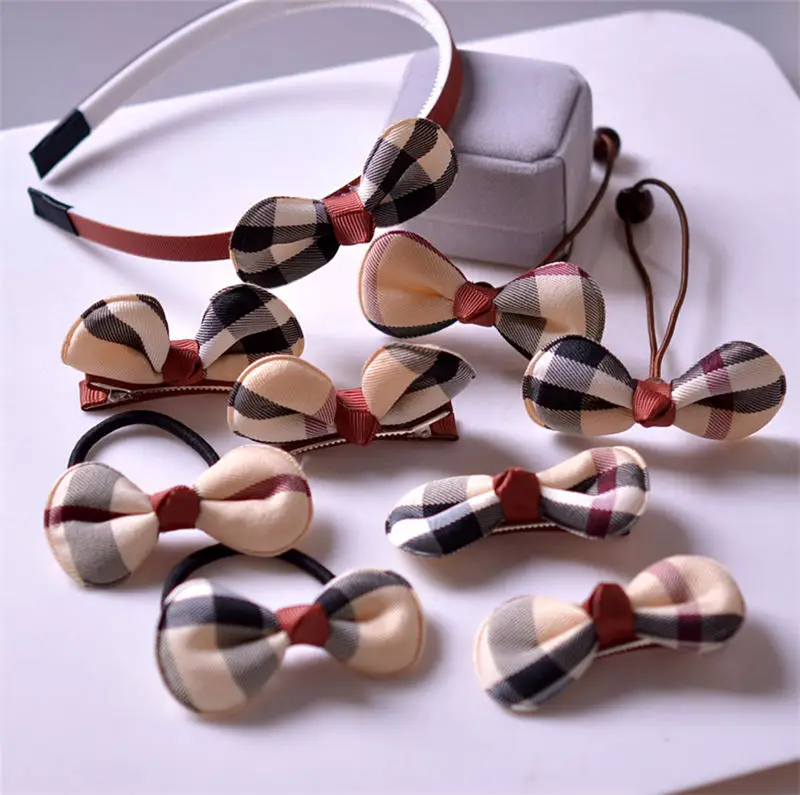 

9 pcs/lot Children's doll accessories plaid cute bow Children's baby gifts Girls hairpin jewelry headband hair rope