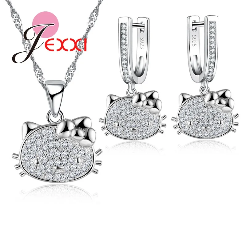 

Jemmin 2019 New Arrival Retail Romantic Engagement S925 Cute Cat Jewelry Sets Necklace Earrings With Austrian Crystal For Women