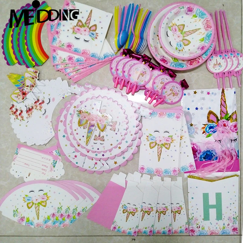

1set Unicorn Disposable Party Tableware And Tablecloth Kids Toys Happy Birthday Unicorn Party Table Decoration kids Accessories