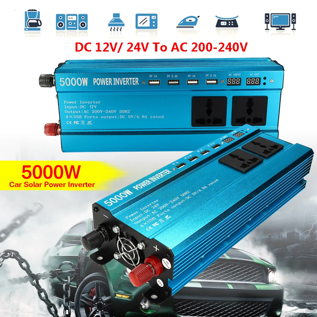 

Voltage Transformer PEAK 5000W Car Solar Power Inverter DC 12/ 24V to AC 220V 4 USB Interface Converter Overload Short