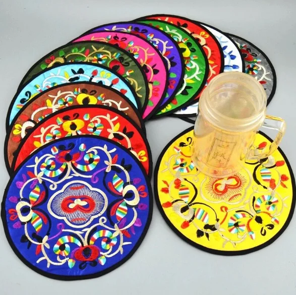 

10pcs Chinese national embroidery teacup cushion 12.5cm suitable for DIY patch bag coat mouse Paddecorations 11color