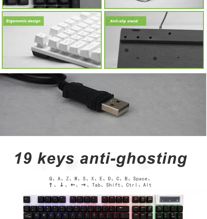 Bosston USB Проводная клавиатура, механические игровые клавиатуры, 104 английские клавиши, светодиодные брелки с подсветкой для ПК, ноутбука, рабочего стола