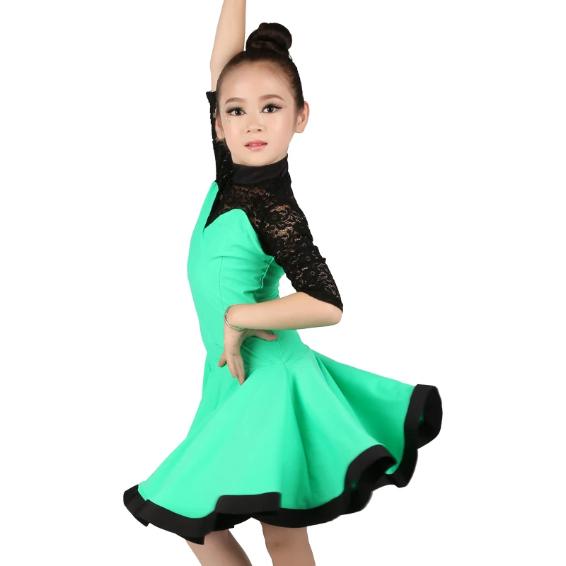 

New Half Lace Sleeve Latin Dance Dress Girls Children Kids Rumba Chacha Samba Cowboy Ballroom Dance Dress
