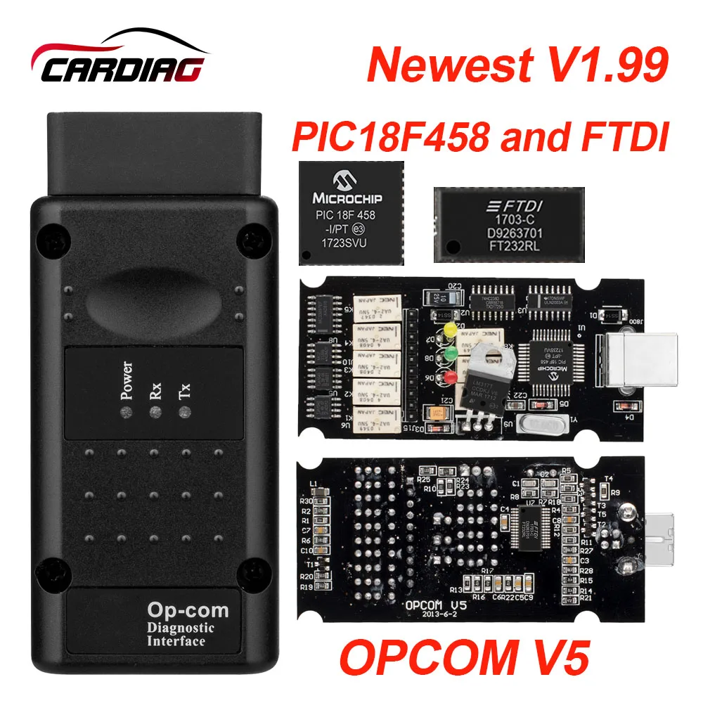 Opcom V1.7/V1.99 с PIC18F458 и чип FTDI OBD2 сканер для Опель OP COM интерфейс can шины obd2