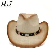 Для женщин Для мужчин соломенная шляпа ковбоя с Мода кожаный ремешок для леди папа Западной сомбреро Hombre пастушка шапки Размеры 58 см