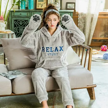 

JINUO New Arrival Cute Cartoon Printed Women Winter Coral Fleece Pajama Sets Young Ladies Warm Lovely Soft Home Wear Sleepwear