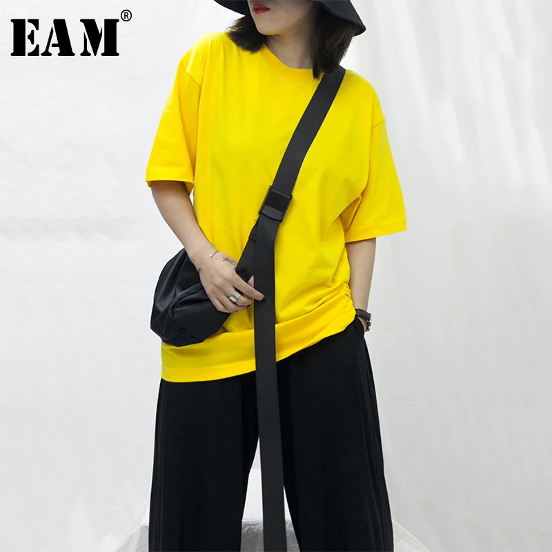 

[EAM] 2019 New Spring Summer Round Neck Short Sleeve Brief Solid Thin Temperament loose T-shirt Women Fashion Tide JX583