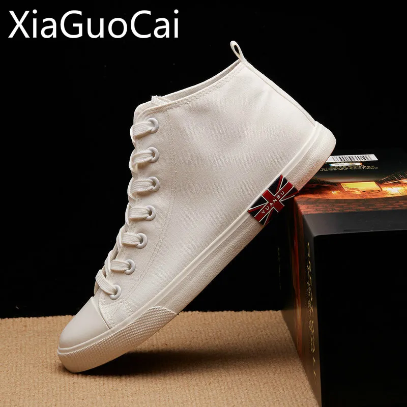 

White High Top Mens Casual Sneakers Spring and Autumn Neest Male Canvas Shoes Breathable White and Black Mens Casual Shoes