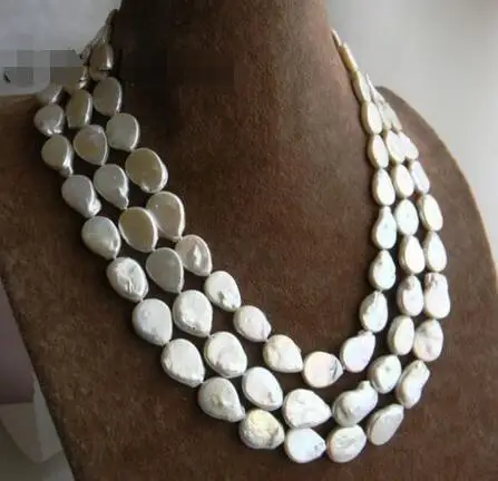 

Hot selling free shipping*******3Strands 18'' 13mmx17mm White Baroque Coin Freshwater Pearl Necklace